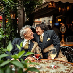 An elegant old money couple, a distinguished man in a tailored, classic suit and a sophisticated woman in a vintage, ornate dress, sitting closely together at a luxurious outdoor café table, exchanging affectionate glances