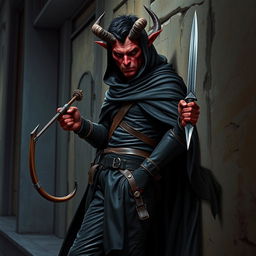 A full-body image of a 4ft tall adult Tiefling rogue with dark red skin and small sharp horns