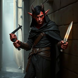 A full-body image of a 4ft tall adult Tiefling rogue with dark red skin and small sharp horns