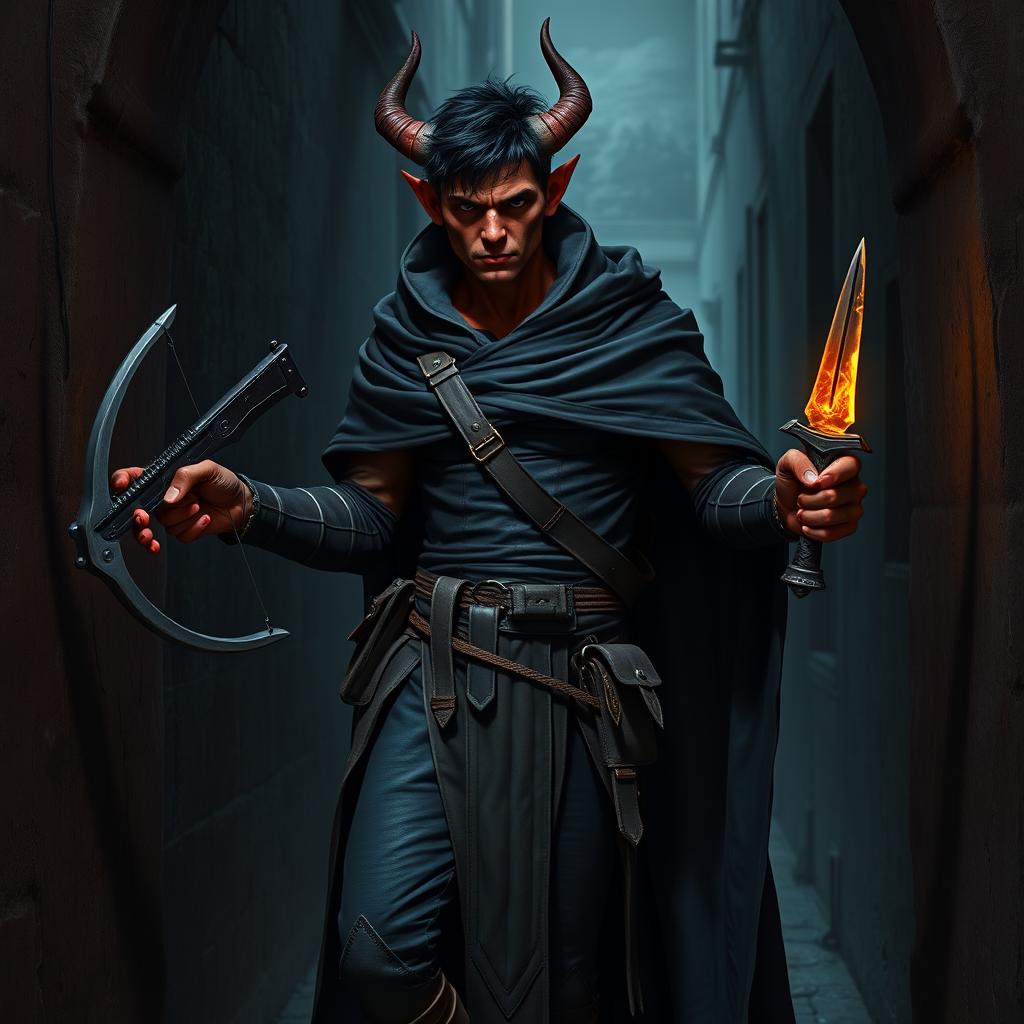 A full-body image of a 4ft tall adult Tiefling rogue with dark red skin and small sharp horns