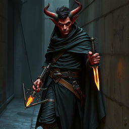 A full-body image of a 4ft tall adult Tiefling rogue with dark red skin and small sharp horns