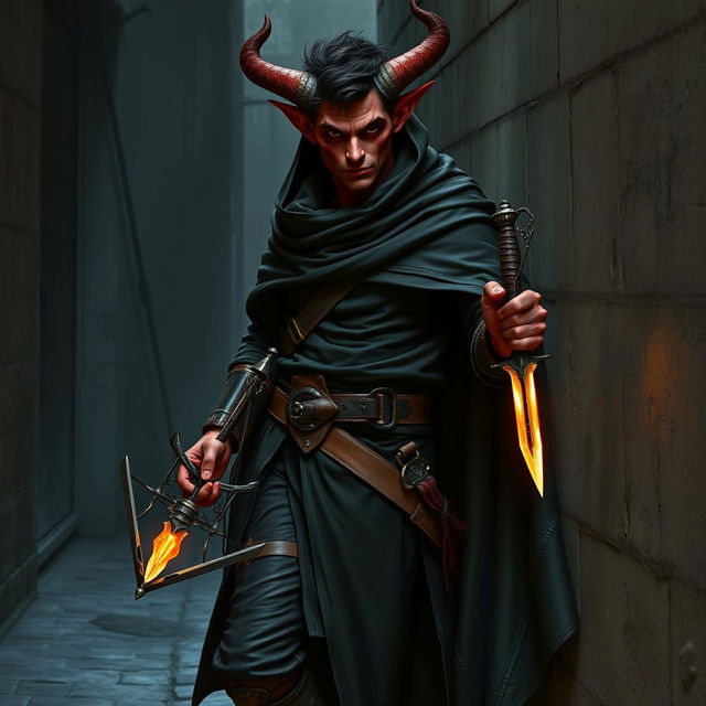 A full-body image of a 4ft tall adult Tiefling rogue with dark red skin and small sharp horns