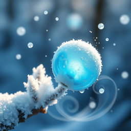 A magical frost berry, glowing softly with a shimmering blue and white luminescence, set against a frosty forest background