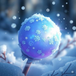 A magical frost berry, glowing softly with a shimmering blue and white luminescence, set against a frosty forest background