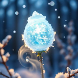 A magical frost berry, glowing softly with a shimmering blue and white luminescence, set against a frosty forest background