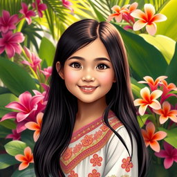 A portrait of a young Filipino girl, featuring her with beautiful long black hair and warm brown eyes, dressed in traditional Filipino attire such as a baro't saya