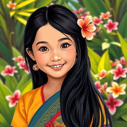 A portrait of a young Filipino girl, featuring her with beautiful long black hair and warm brown eyes, dressed in traditional Filipino attire such as a baro't saya