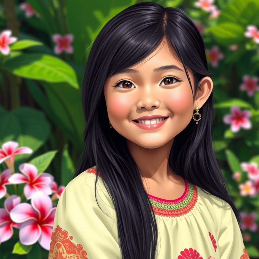 A portrait of a young Filipino girl, featuring her with beautiful long black hair and warm brown eyes, dressed in traditional Filipino attire such as a baro't saya