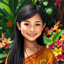 A portrait of a young Filipino girl, featuring her with beautiful long black hair and warm brown eyes, dressed in traditional Filipino attire such as a baro't saya