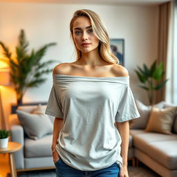 A stylish and modern off-shoulder t-shirt design being modeled by an attractive person in a cozy living room setting
