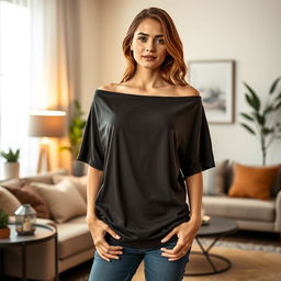 A stylish and modern off-shoulder t-shirt design being modeled by an attractive person in a cozy living room setting