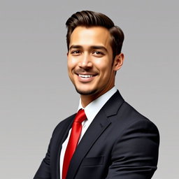 A well-dressed man wearing a black suit and a red tie, standing confidently with a strong posture