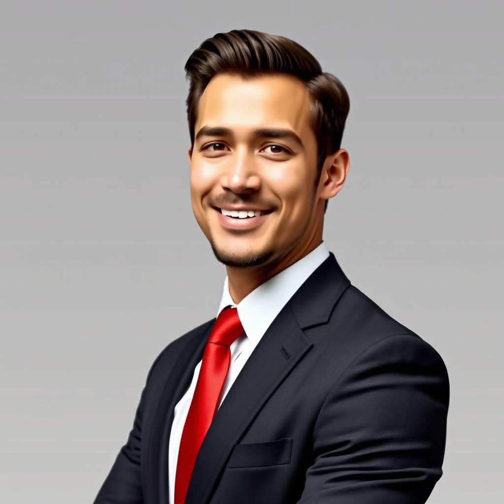 A well-dressed man wearing a black suit and a red tie, standing confidently with a strong posture