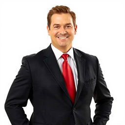 A well-dressed man wearing a black suit and a red tie, standing confidently with a strong posture