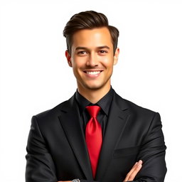 A well-dressed man wearing a black suit and a red tie, standing confidently with a strong posture