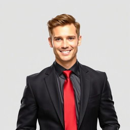 A well-dressed man wearing a black suit and a red tie, standing confidently with a strong posture