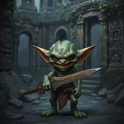 A small, evil-looking goblin with sharp features and an mischievous grin, standing in front of ancient ruins