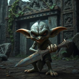 A small, evil-looking goblin with sharp features and an mischievous grin, standing in front of ancient ruins