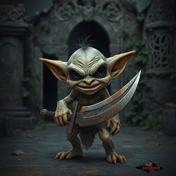 A small, evil-looking goblin with sharp features and an mischievous grin, standing in front of ancient ruins