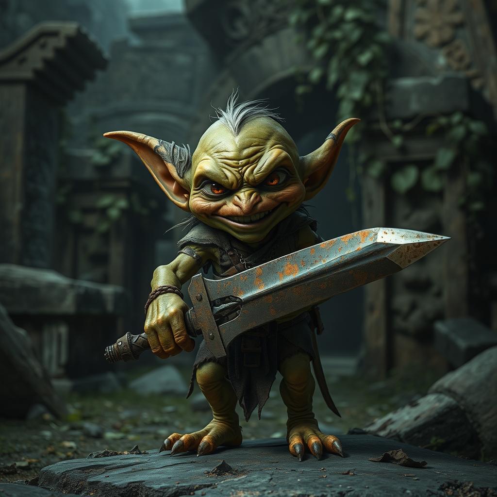 A small, evil-looking goblin with sharp features and an mischievous grin, standing in front of ancient ruins
