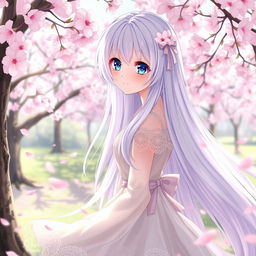 An enchanting anime girl with long, flowing white hair that cascades down her back