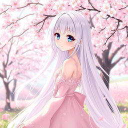 An enchanting anime girl with long, flowing white hair that cascades down her back