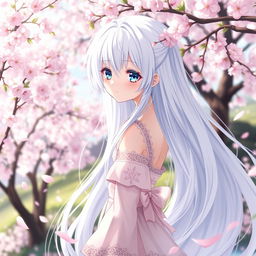 An enchanting anime girl with long, flowing white hair that cascades down her back