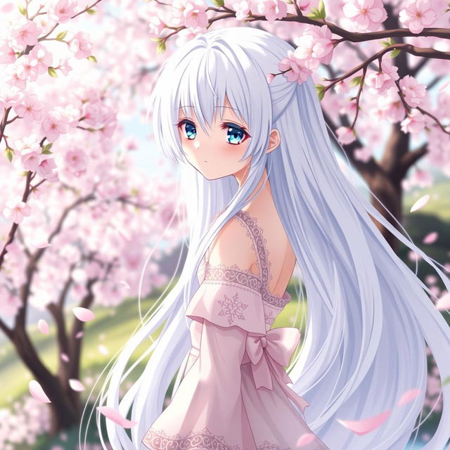 An enchanting anime girl with long, flowing white hair that cascades down her back