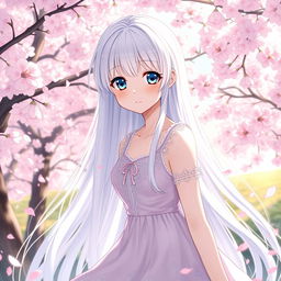 An enchanting anime girl with long, flowing white hair that cascades down her back