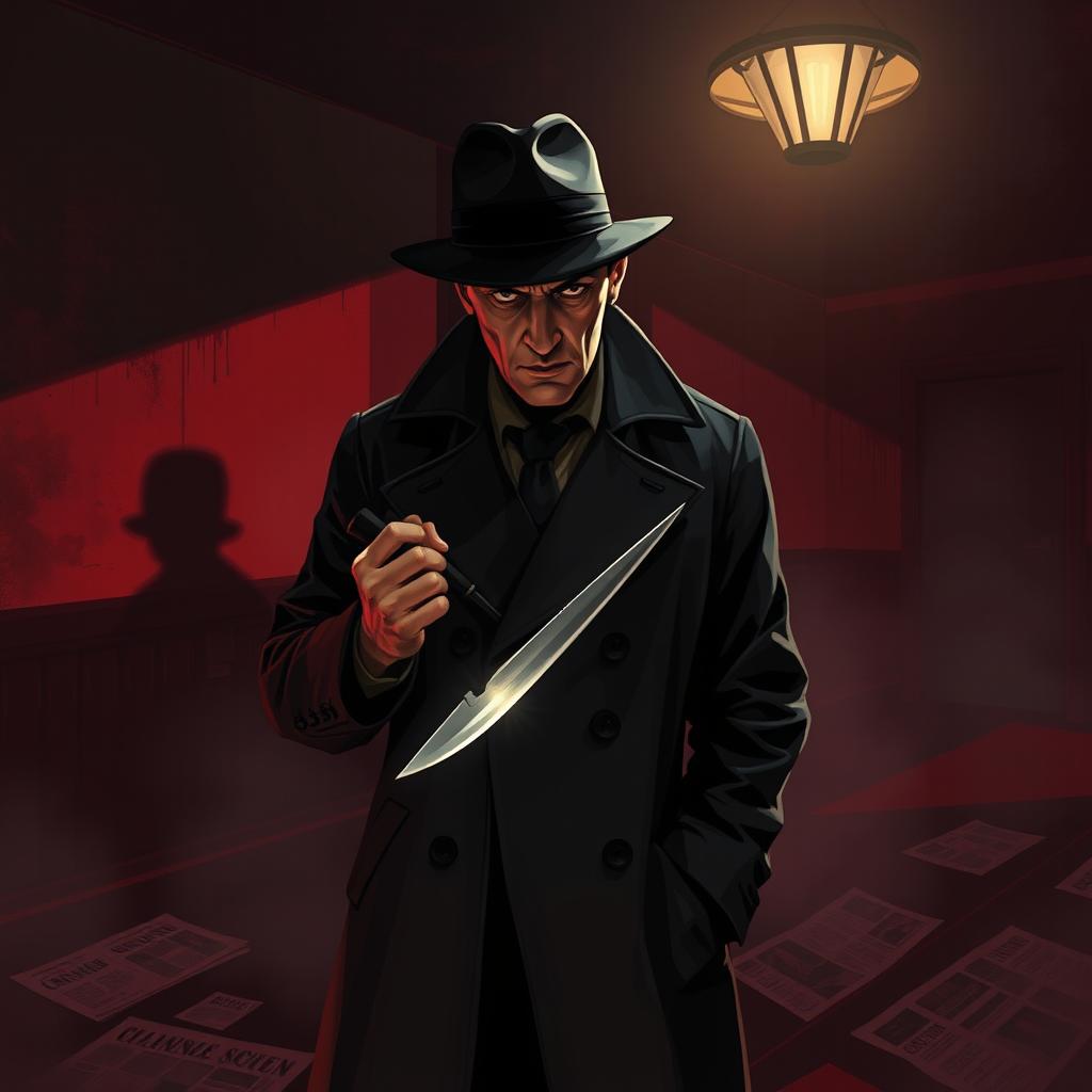 A classic murderer in a dark, smoky room, wearing a vintage dark trench coat and fedora, holding a knife with a glint of light reflecting off its blade
