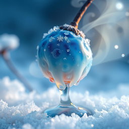 A magical frost berry melting, with vibrant blue and white hues blending as droplets of magical liquid trickle down its surface