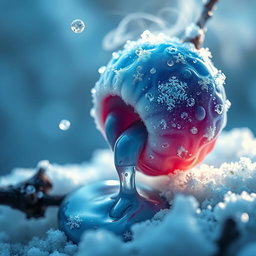 A magical frost berry melting, with vibrant blue and white hues blending as droplets of magical liquid trickle down its surface