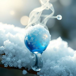 A magical frost berry melting, with vibrant blue and white hues blending as droplets of magical liquid trickle down its surface