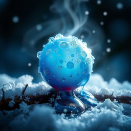 A magical frost berry melting, with vibrant blue and white hues blending as droplets of magical liquid trickle down its surface
