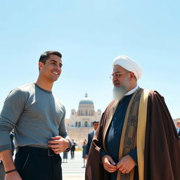 Cristiano Ronaldo standing next to the President of Iran, both smiling and engaging in a friendly discussion