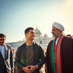 Cristiano Ronaldo standing next to the President of Iran, both smiling and engaging in a friendly discussion