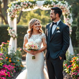 A beautiful bride and groom standing together on their wedding day