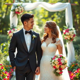 A beautiful bride and groom standing together on their wedding day