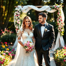 A beautiful bride and groom standing together on their wedding day