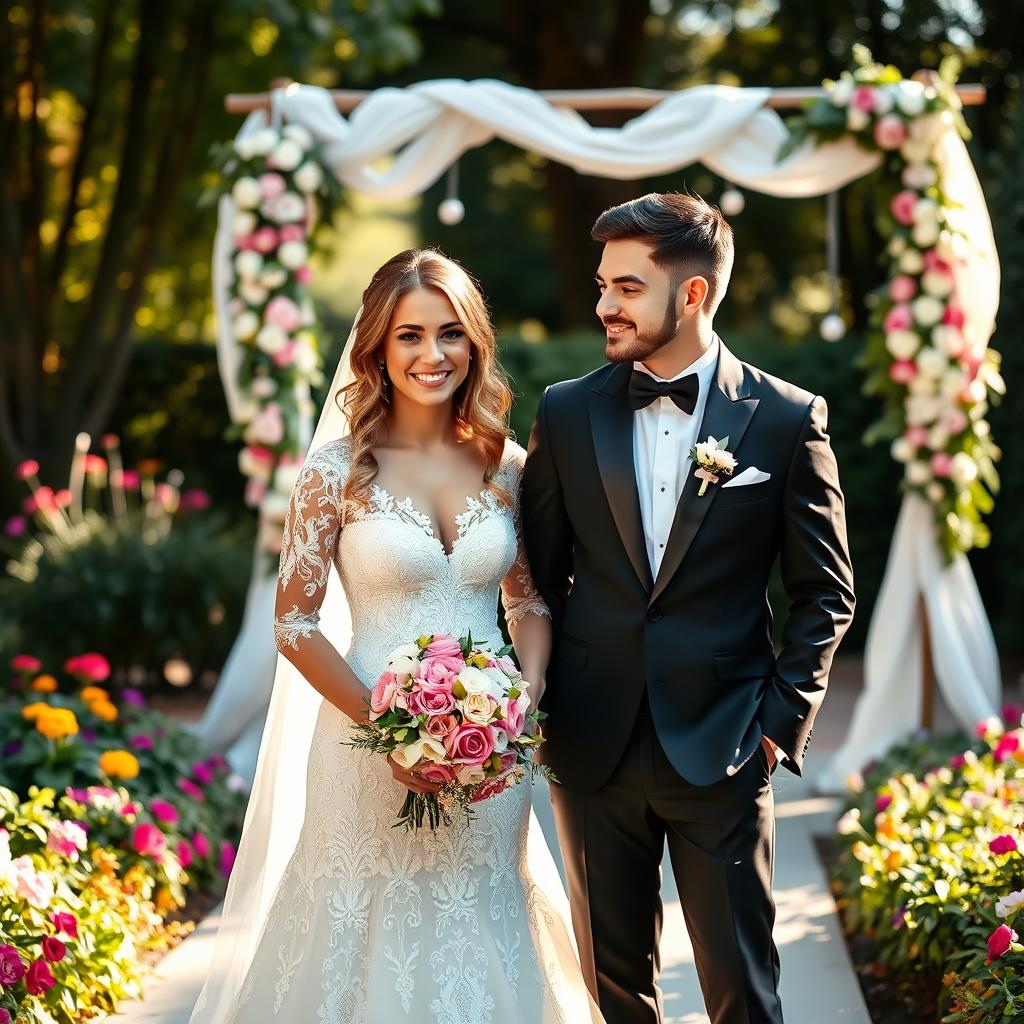 A beautiful bride and groom standing together on their wedding day