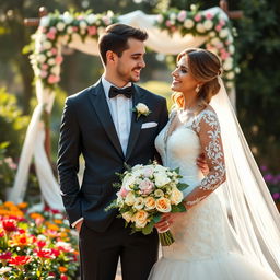 A beautiful bride and groom standing together on their wedding day
