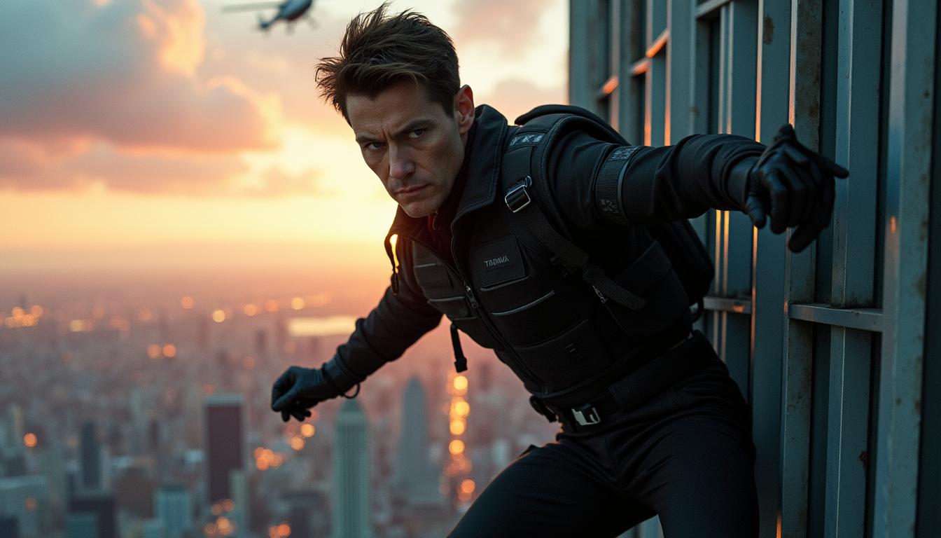 A thrilling action scene inspired by the Mission Impossible franchise, featuring a skilled spy in a sleek black tactical suit, expertly climbing a skyscraper with a bustling city skyline in the background