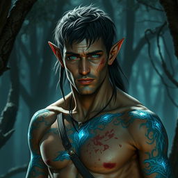 A male elf scout with a rugged appearance, showcasing a body covered with intricate blue glowing tattoos that pulse with a faint light