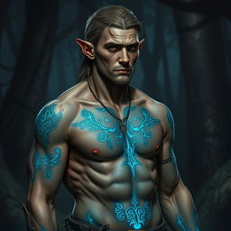 A male elf scout with a rugged appearance, showcasing a body covered with intricate blue glowing tattoos that pulse with a faint light