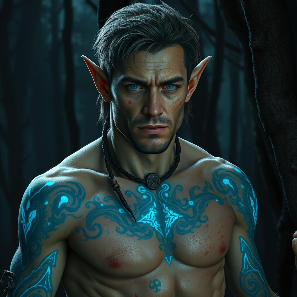 A male elf scout with a rugged appearance, showcasing a body covered with intricate blue glowing tattoos that pulse with a faint light