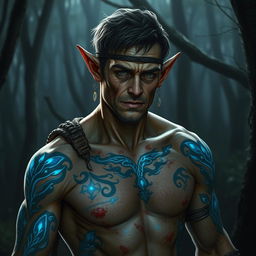 A male elf scout with a rugged appearance, showcasing a body covered with intricate blue glowing tattoos that pulse with a faint light