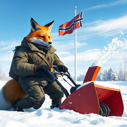 A humanoid fox soldier, dressed in military attire, operating a snowblower in a winter landscape