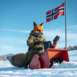 A humanoid fox soldier, dressed in military attire, operating a snowblower in a winter landscape