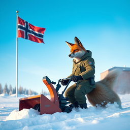 A humanoid fox soldier, dressed in military attire, operating a snowblower in a winter landscape