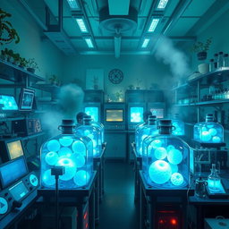 A special lab where magical frost berries are contained, featuring high-tech glass containers filled with vibrant blue and white frost berries glowing softly